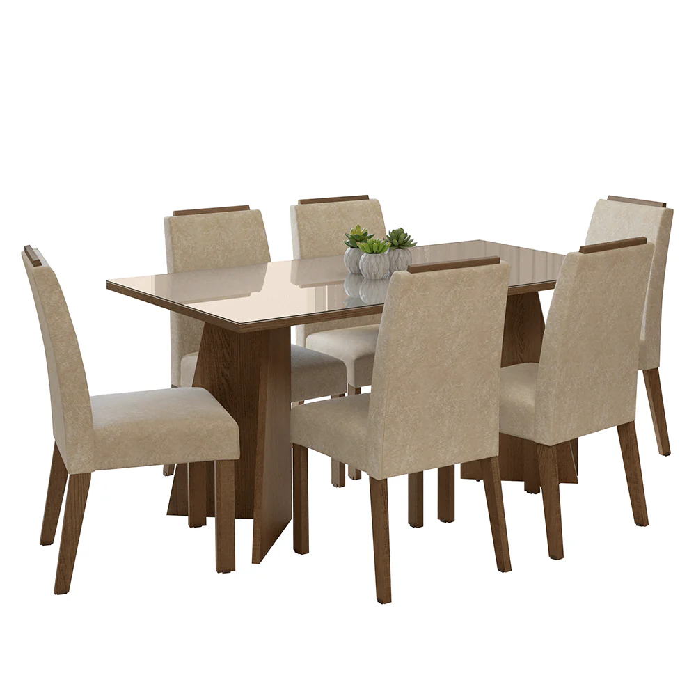 Conjunto Sala de Jantar Tampo de Vidro 6 Cadeiras Rustic/Crema/Imperial Madrid Madesa - Image 2