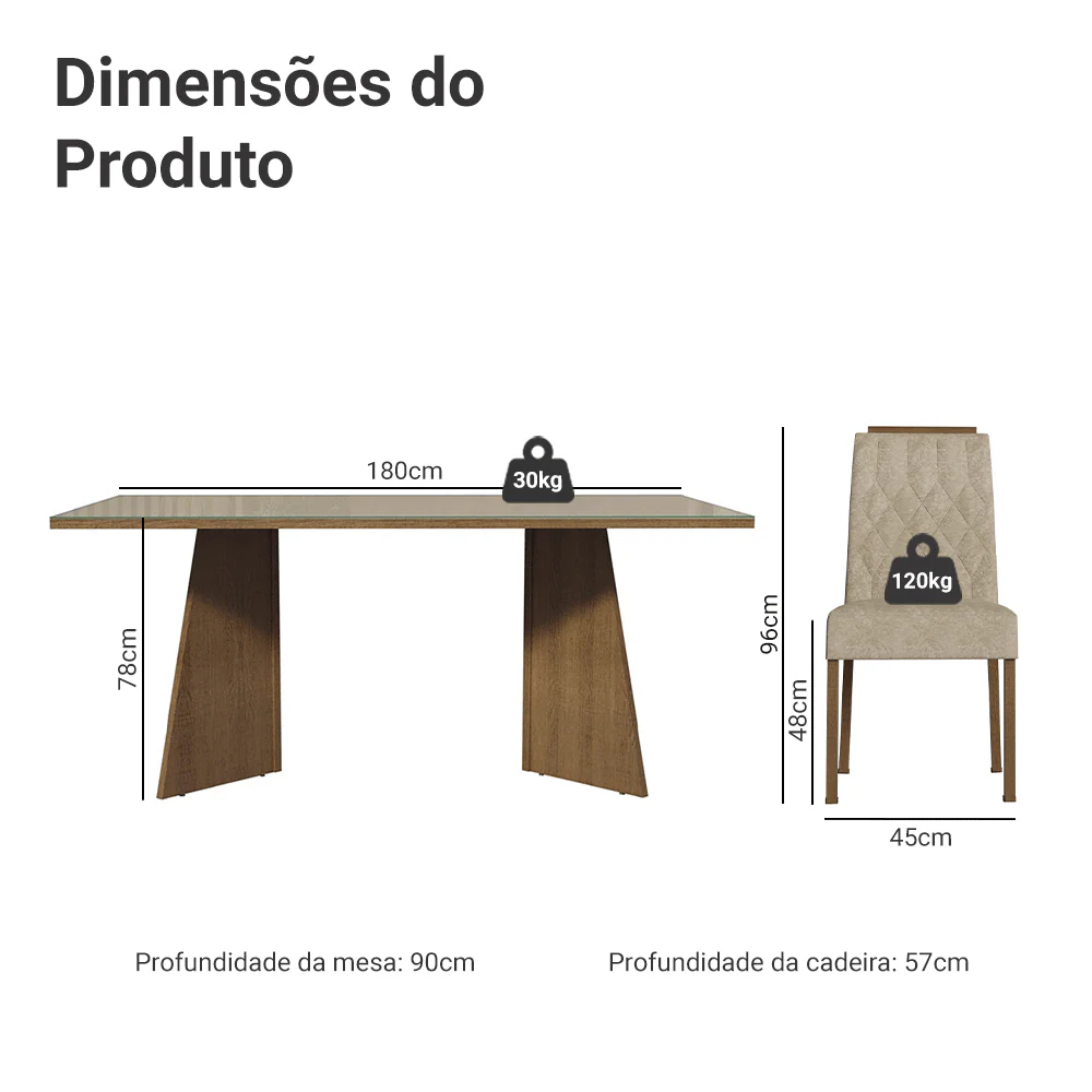 Conjunto Sala de Jantar Tampo de Vidro 6 Cadeiras Rustic/Crema/Imperial Siena Madesa - Image 3