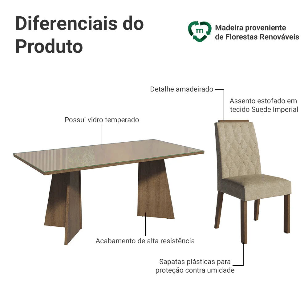 Conjunto Sala de Jantar Tampo de Vidro 6 Cadeiras Rustic/Crema/Imperial Siena Madesa - Image 4