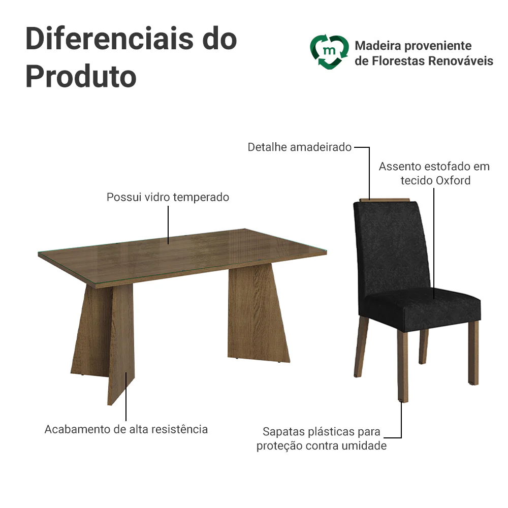 Conjunto Sala de Jantar Tampo de Vidro 6 Cadeiras Rustic/Oxford Madrid Madesa - Image 4