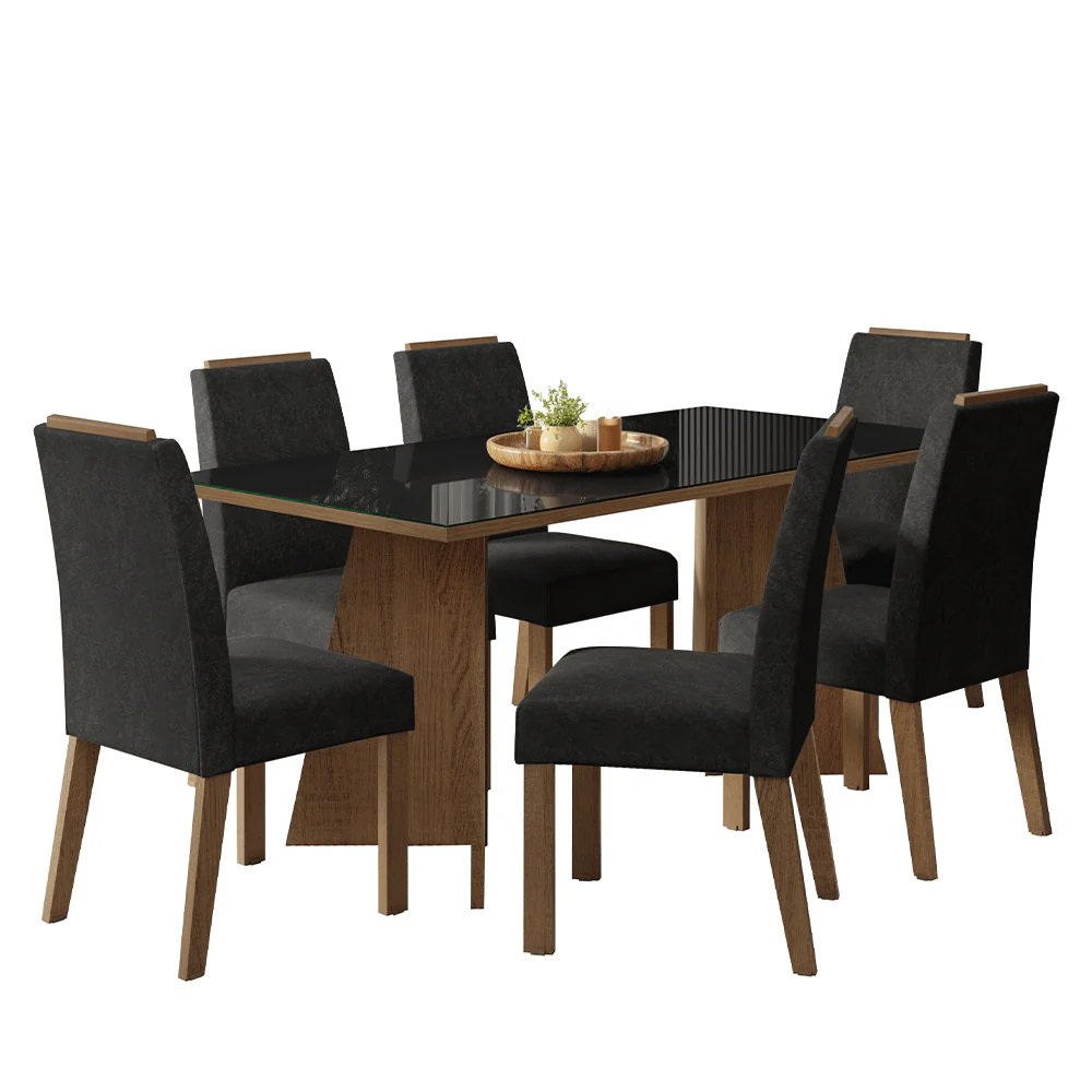 Conjunto Sala de Jantar Tampo de Vidro 6 Cadeiras Rustic/Preto/Oxford Amalfi Madesa - Image 2