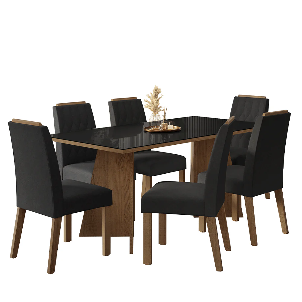 Conjunto Sala de Jantar Tampo de Vidro 6 Cadeiras Rustic/Preto/Oxford Siena Madesa - Image 2
