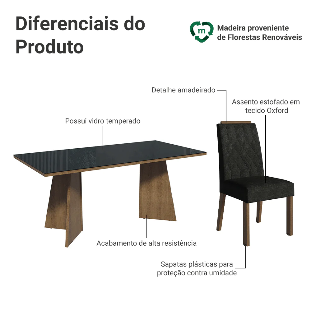 Conjunto Sala de Jantar Tampo de Vidro 6 Cadeiras Rustic/Preto/Oxford Siena Madesa - Image 4