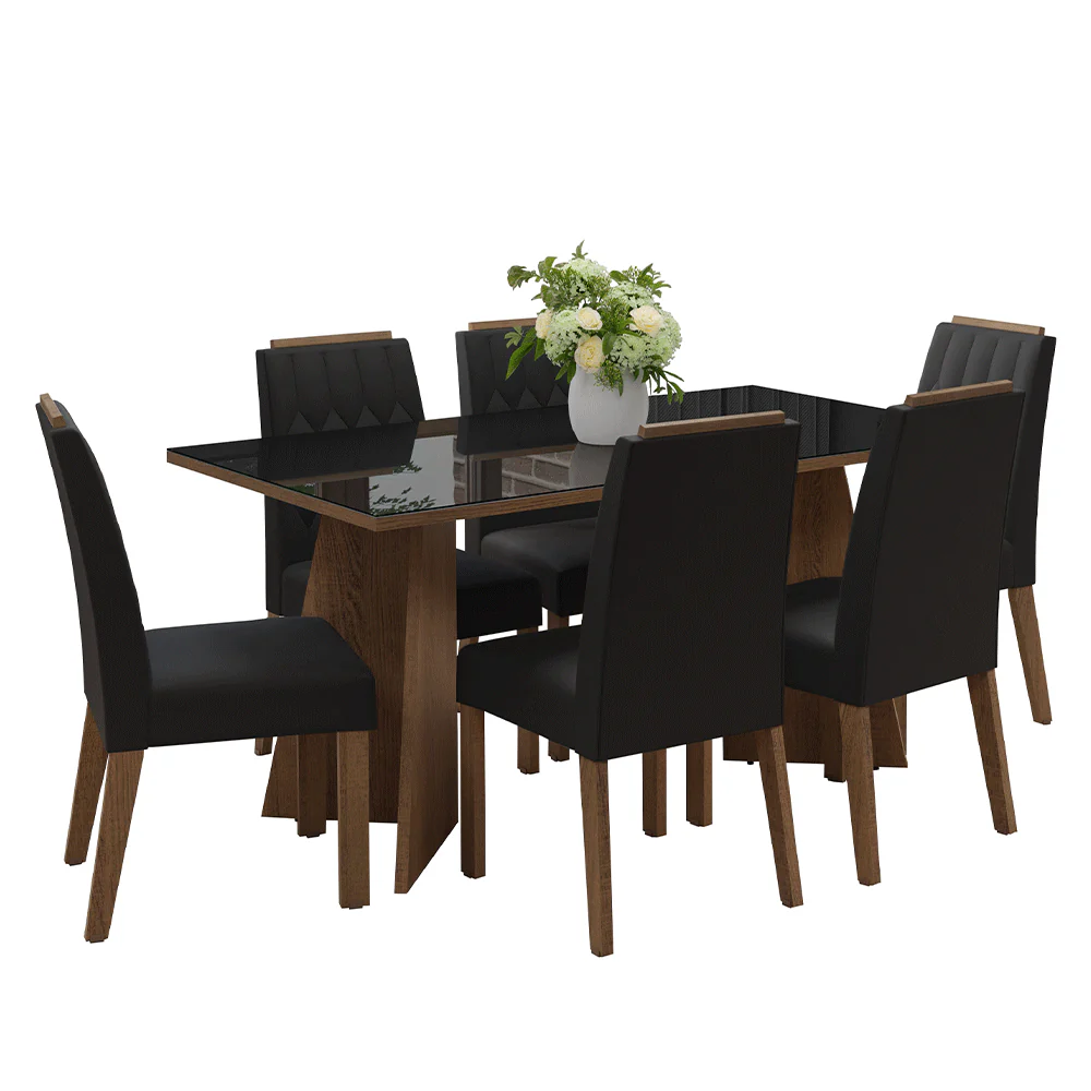 Conjunto Sala de Jantar Tampo de Vidro 6 Cadeiras Rustic/Preto/Oxford Sintra Madesa - Image 2