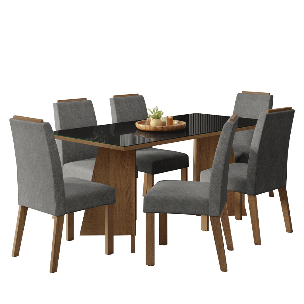 Conjunto Sala de Jantar Tampo de Vidro 6 Cadeiras Rustic/Preto/Silver Amalfi Madesa - Image 2