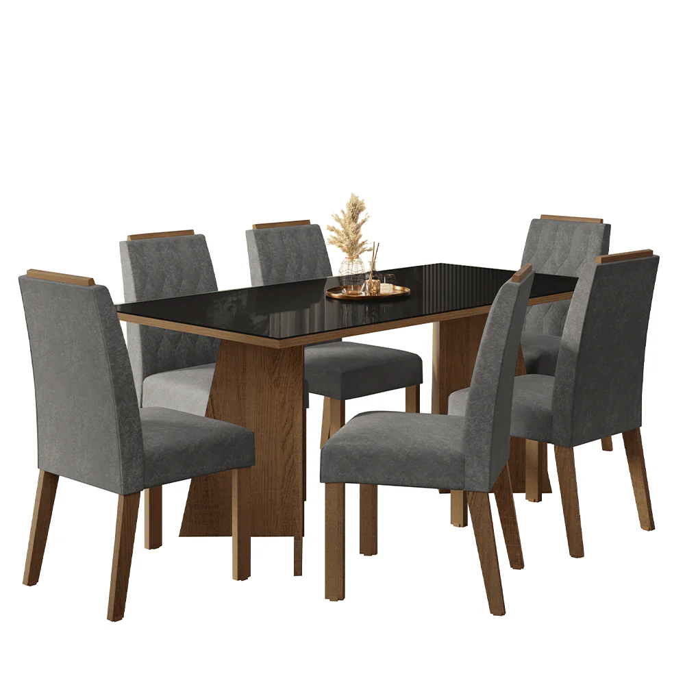 Conjunto Sala de Jantar Tampo de Vidro 6 Cadeiras Rustic/Preto/Silver Siena Madesa - Image 2