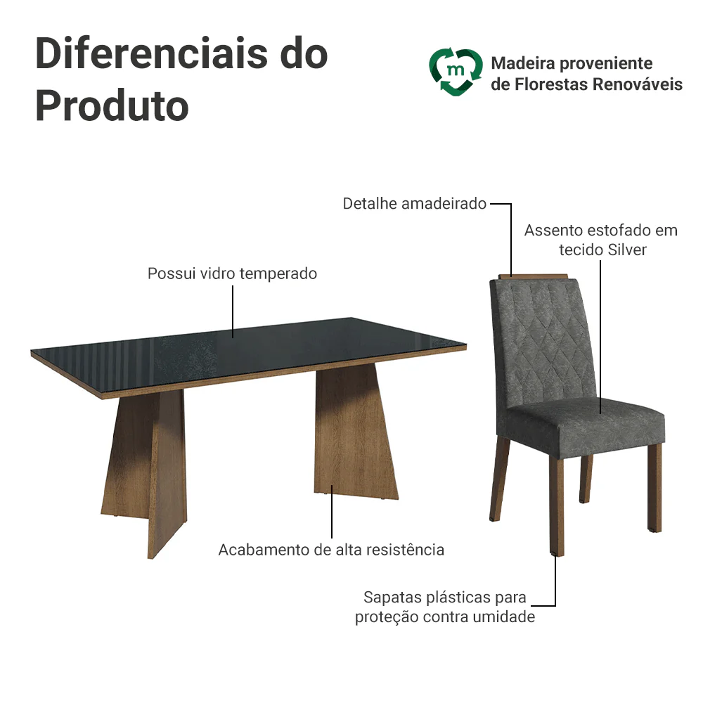 Conjunto Sala de Jantar Tampo de Vidro 6 Cadeiras Rustic/Preto/Silver Siena Madesa - Image 4