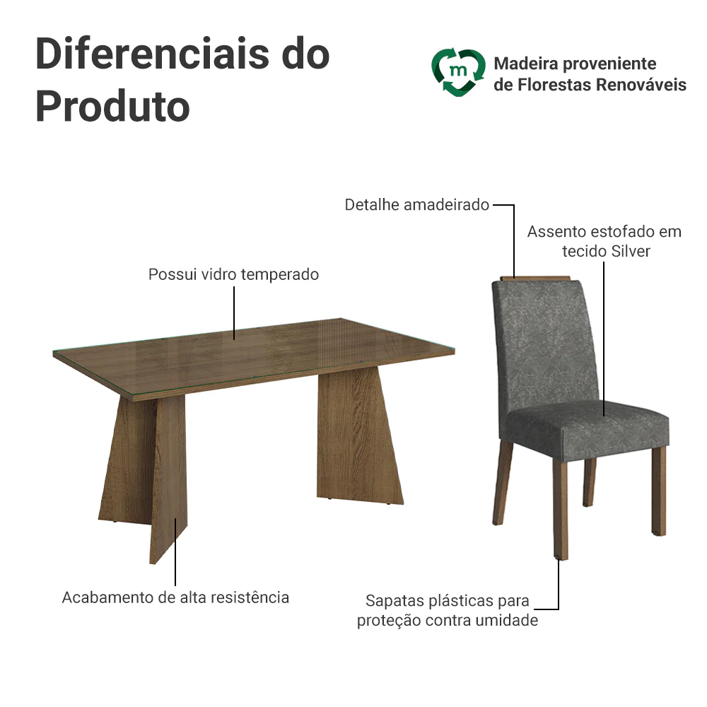 Conjunto Sala de Jantar Tampo de Vidro 6 Cadeiras Rustic/Silver Madrid Madesa - Image 4