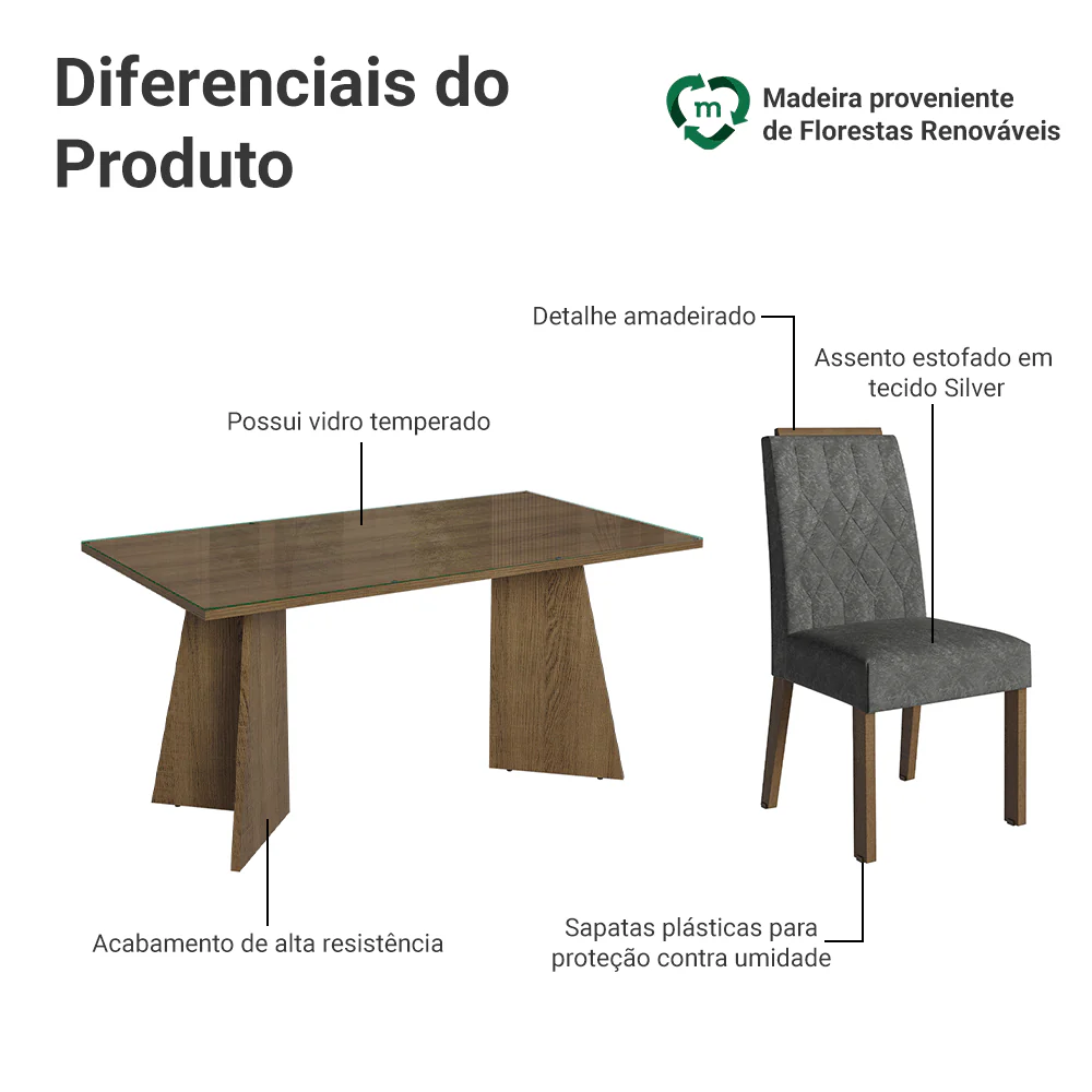 Conjunto Sala de Jantar Tampo de Vidro 6 Cadeiras Rustic/Silver Sintra Madesa - Image 4