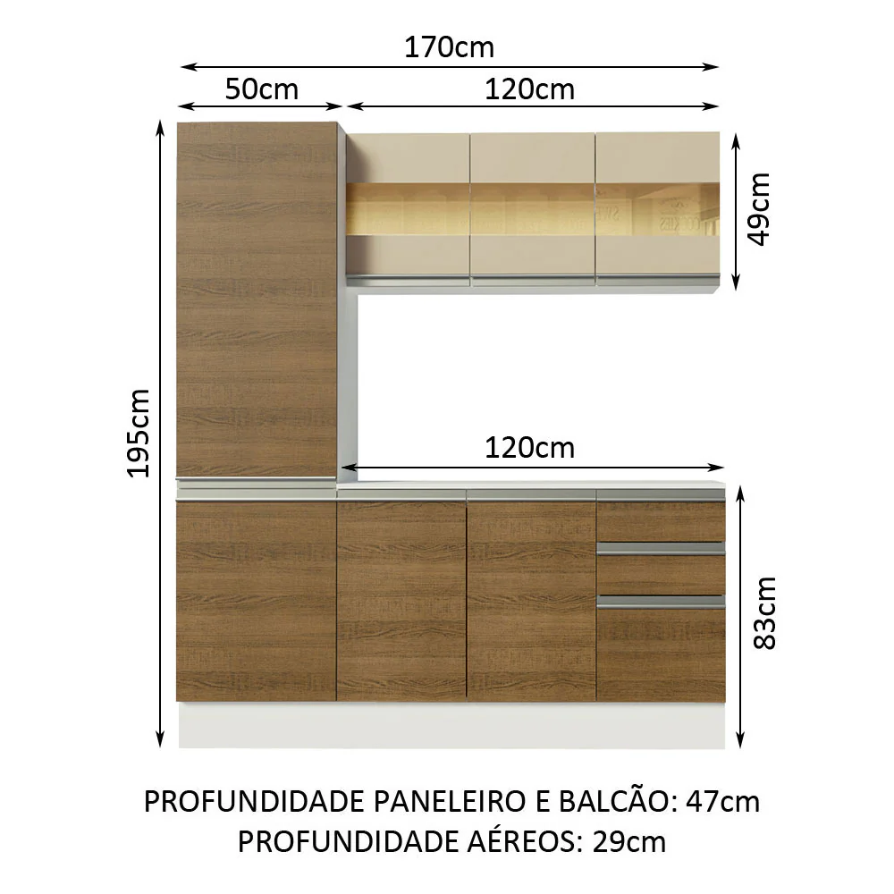 Armário de Cozinha Compacta 100% MDF 170 cm Branco/Rustic/Crema Smart Madesa 01 - Image 3