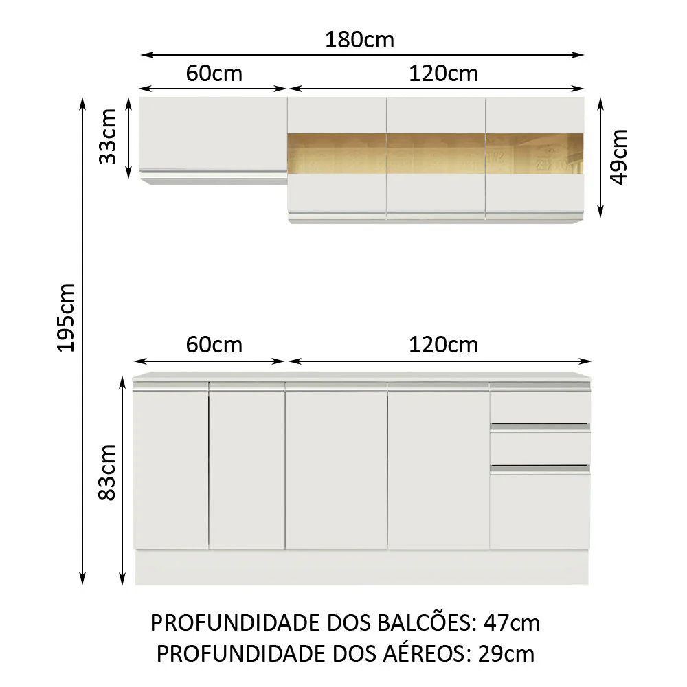 Armário de Cozinha Compacta 100% MDF 180 cm Branco Smart Madesa 01 - Image 3