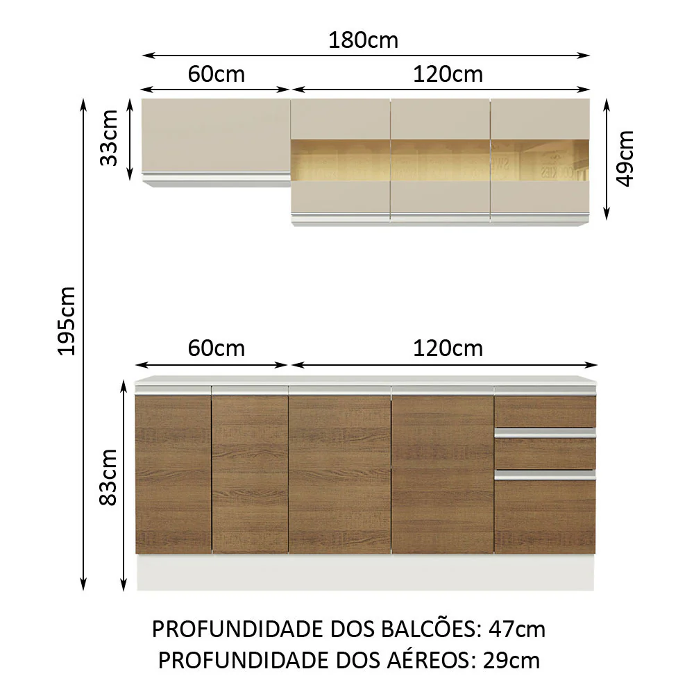 Armário de Cozinha Compacta 100% MDF 180 cm Branco/Rustic/Crema Smart Madesa 01 - Image 3