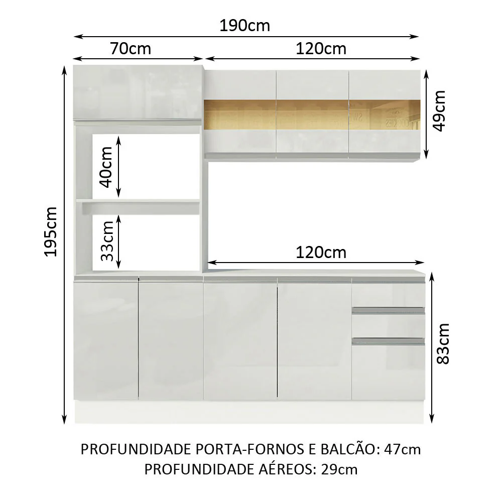 Armário de Cozinha Compacta 100% MDF 190 cm Frentes Branco Brilho Smart Madesa XP - Image 3