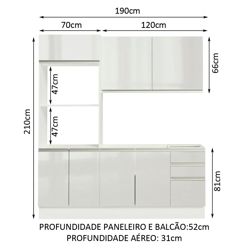 Armário de Cozinha Compacta 100% MDF 190cm Portas Branco Brilho Acordes Madesa 01 - Image 3