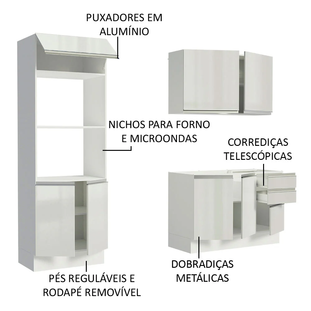 Armário de Cozinha Compacta 100% MDF 190cm Portas Branco Brilho Acordes Madesa 01 - Image 4