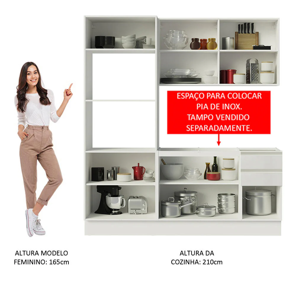 Armário de Cozinha Compacta 100% MDF 190cm Portas Branco Brilho Acordes Madesa 01 - Image 5