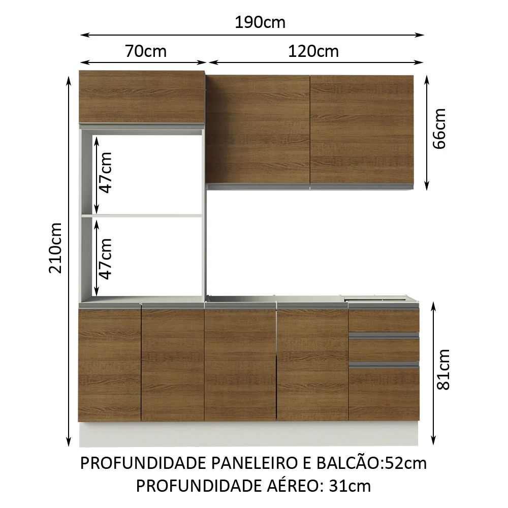 Armário de Cozinha Compacta 100% MDF 190cm Branco/Rustic Acordes Madesa 01 - Image 3