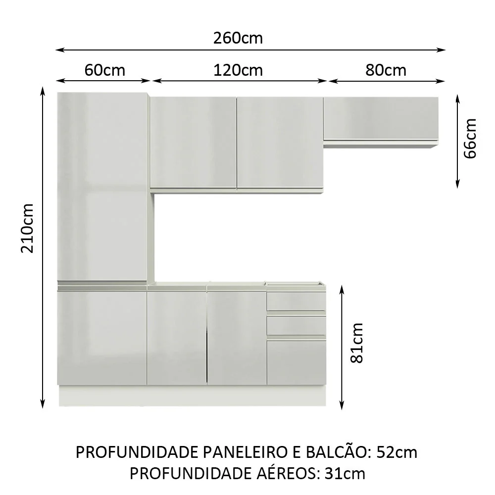 Armário de Cozinha Compacta 100% MDF 260cm Portas Branco Brilho Acordes Madesa 02 - Image 3