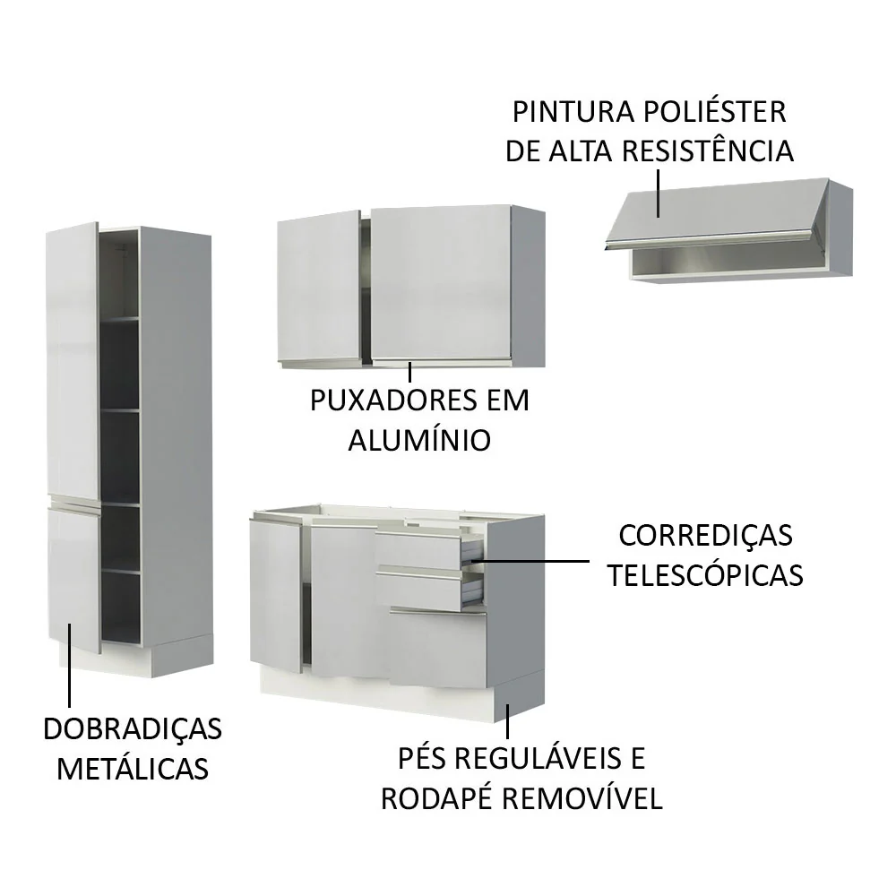 Armário de Cozinha Compacta 100% MDF 260cm Portas Branco Brilho Acordes Madesa 02 - Image 4
