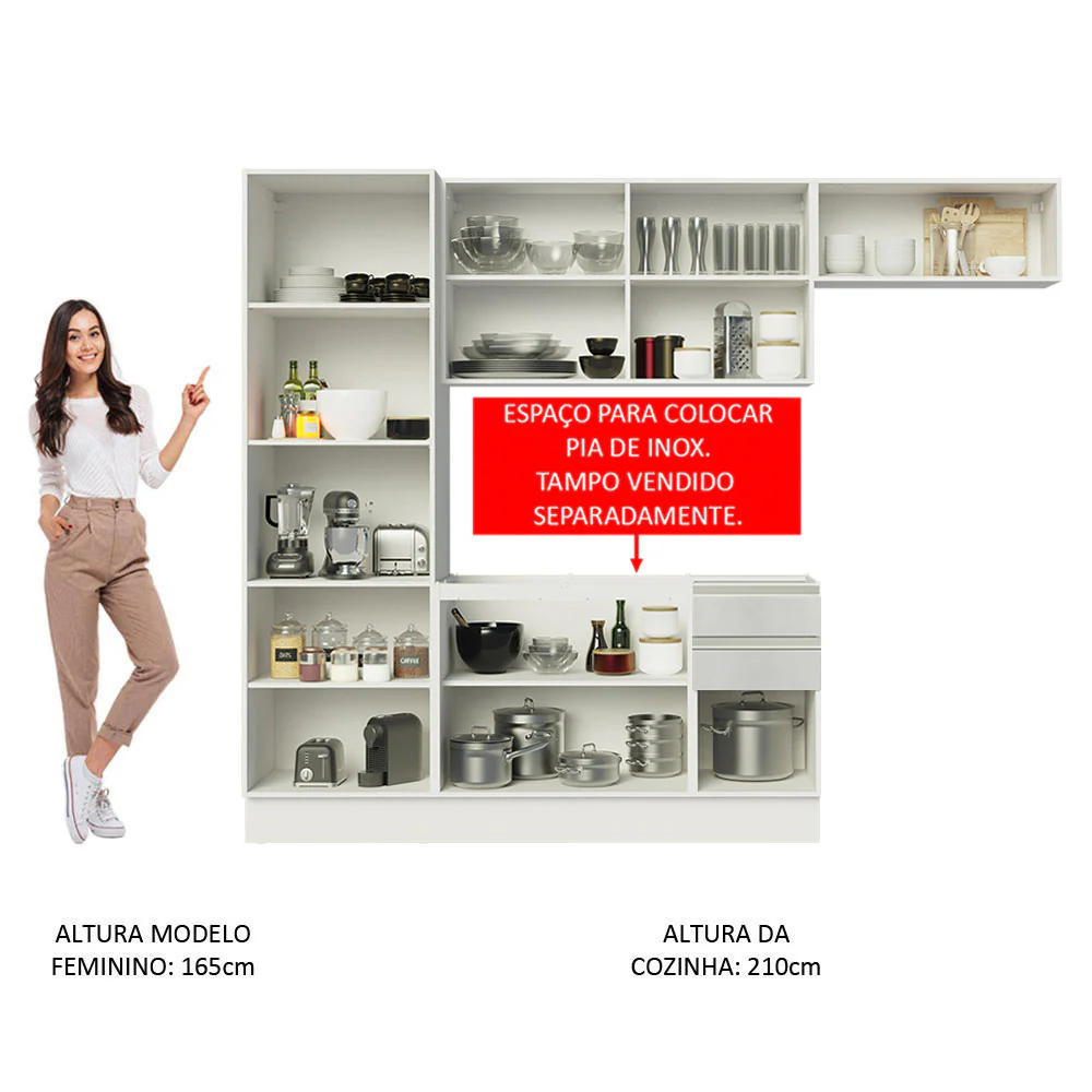 Armário de Cozinha Compacta 100% MDF 260cm Portas Branco Brilho Acordes Madesa 02 - Image 5