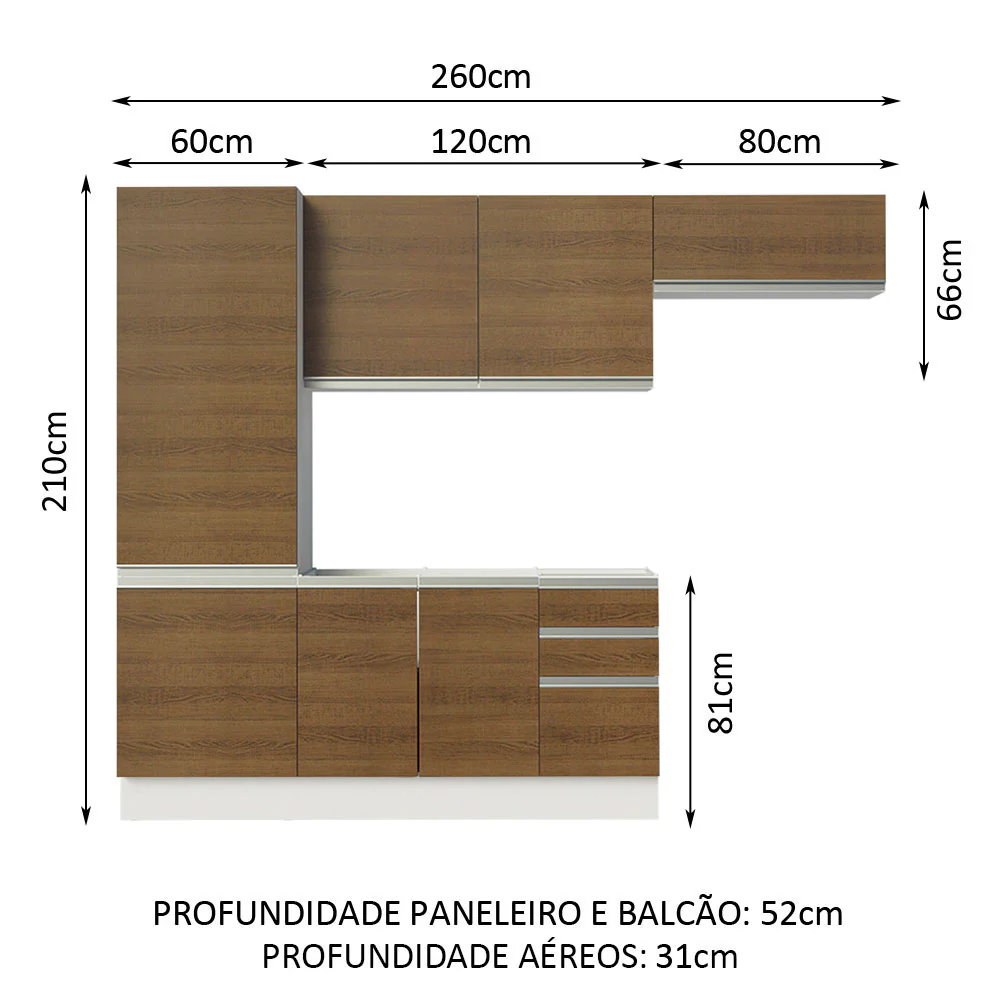 Armário de Cozinha Compacta 100% MDF 260cm Portas Branco/Rustic Acordes Madesa 02 - Image 3