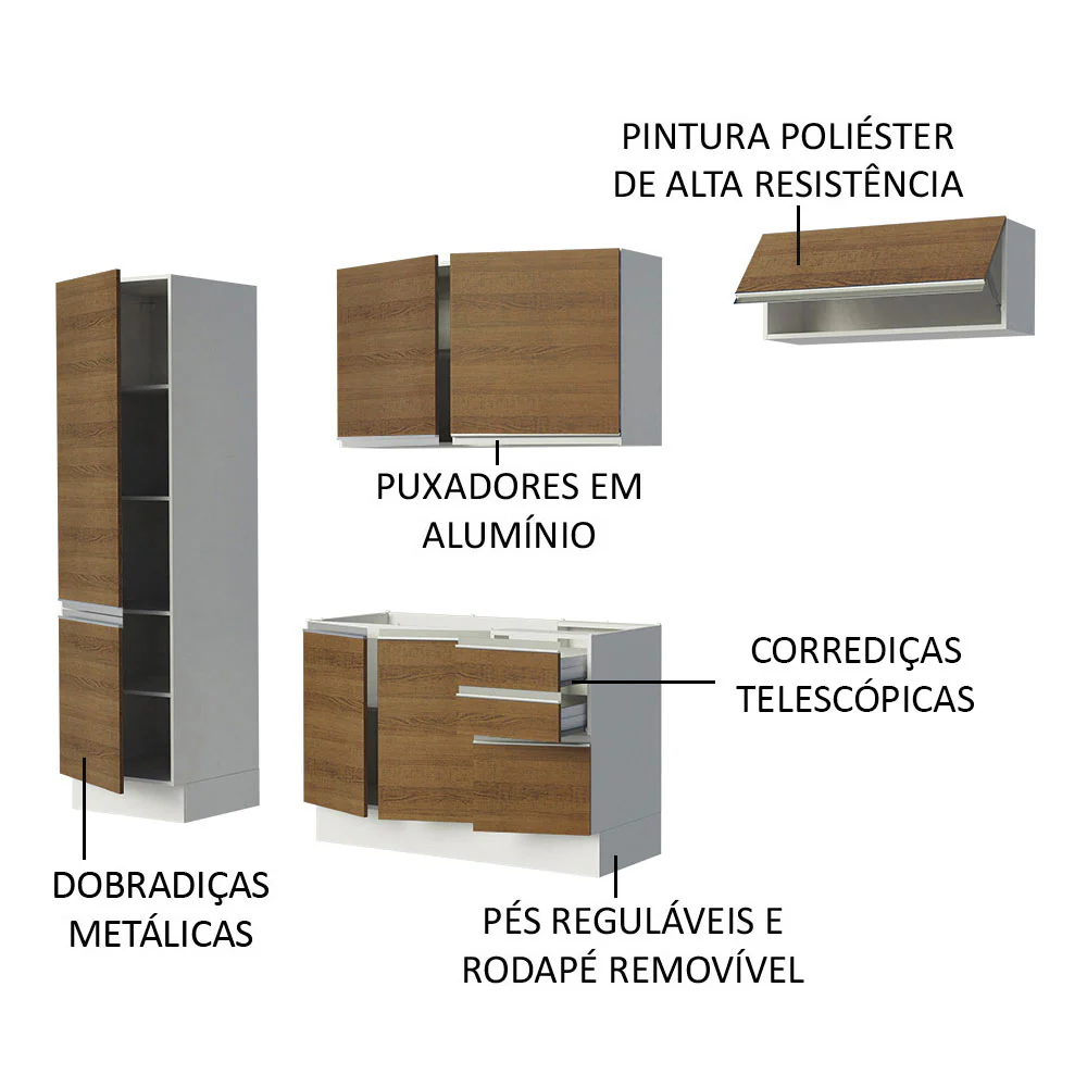 Armário de Cozinha Compacta 100% MDF 260cm Portas Branco/Rustic Acordes Madesa 02 - Image 4