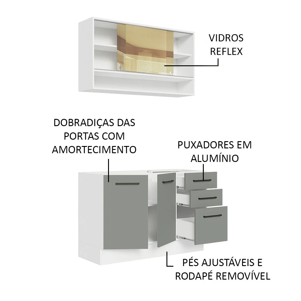 Armário de Cozinha Compacta 120cm Branco/Cinza Agata Madesa 02 - Image 3