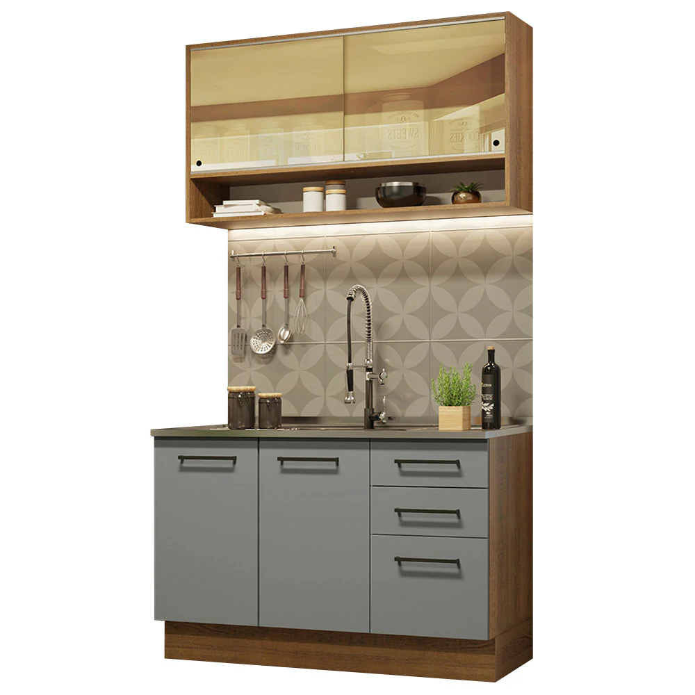 Cozinha Compacta Agata Madesa 4 Portas 3 Gavetas MDP Rustic/Cinza 225x120x52cm - Image 2