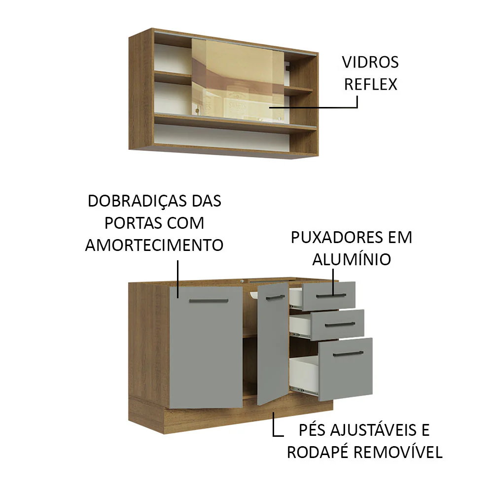 Cozinha Compacta Agata Madesa 4 Portas 3 Gavetas MDP Rustic/Cinza 225x120x52cm - Image 4