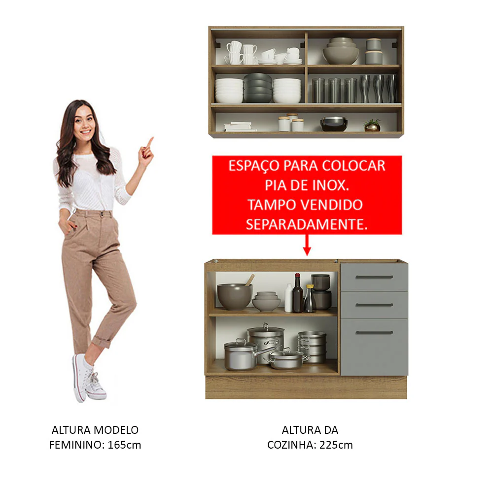 Cozinha Compacta Agata Madesa 4 Portas 3 Gavetas MDP Rustic/Cinza 225x120x52cm - Image 5