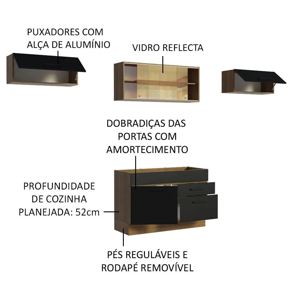 Armário de Cozinha Compacta 280cm Rustic/Preto Agata Madesa 01 - Image 4