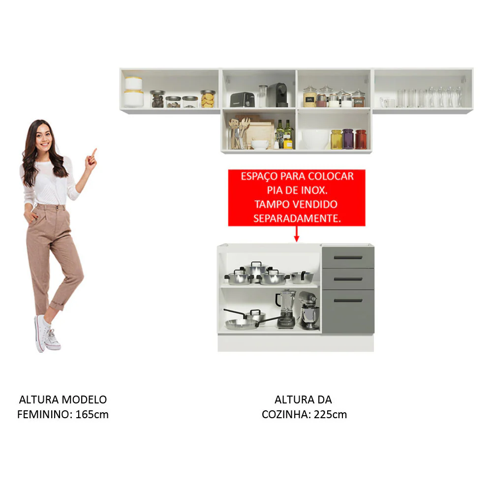 Armário de Cozinha Compacta 280cm Branco/Cinza Agata Madesa 02 - Image 5