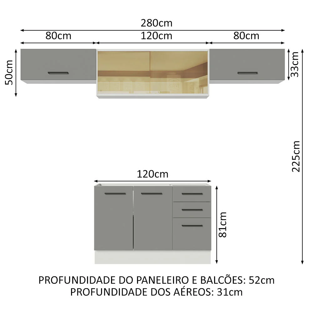 Armário de Cozinha Compacta 280cm Branco/Cinza Agata Madesa 03 - Image 3
