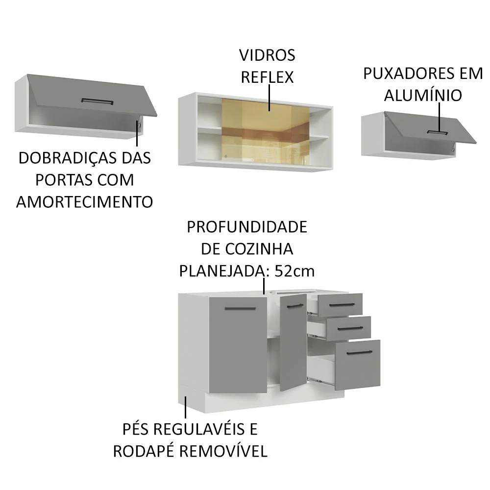 Armário de Cozinha Compacta 280cm Branco/Cinza Agata Madesa 03 - Image 4