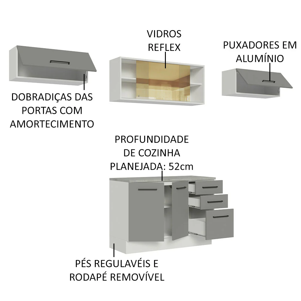 Armário de Cozinha Compacta 280cm Branco/Cinza Agata Madesa 04 - Image 4