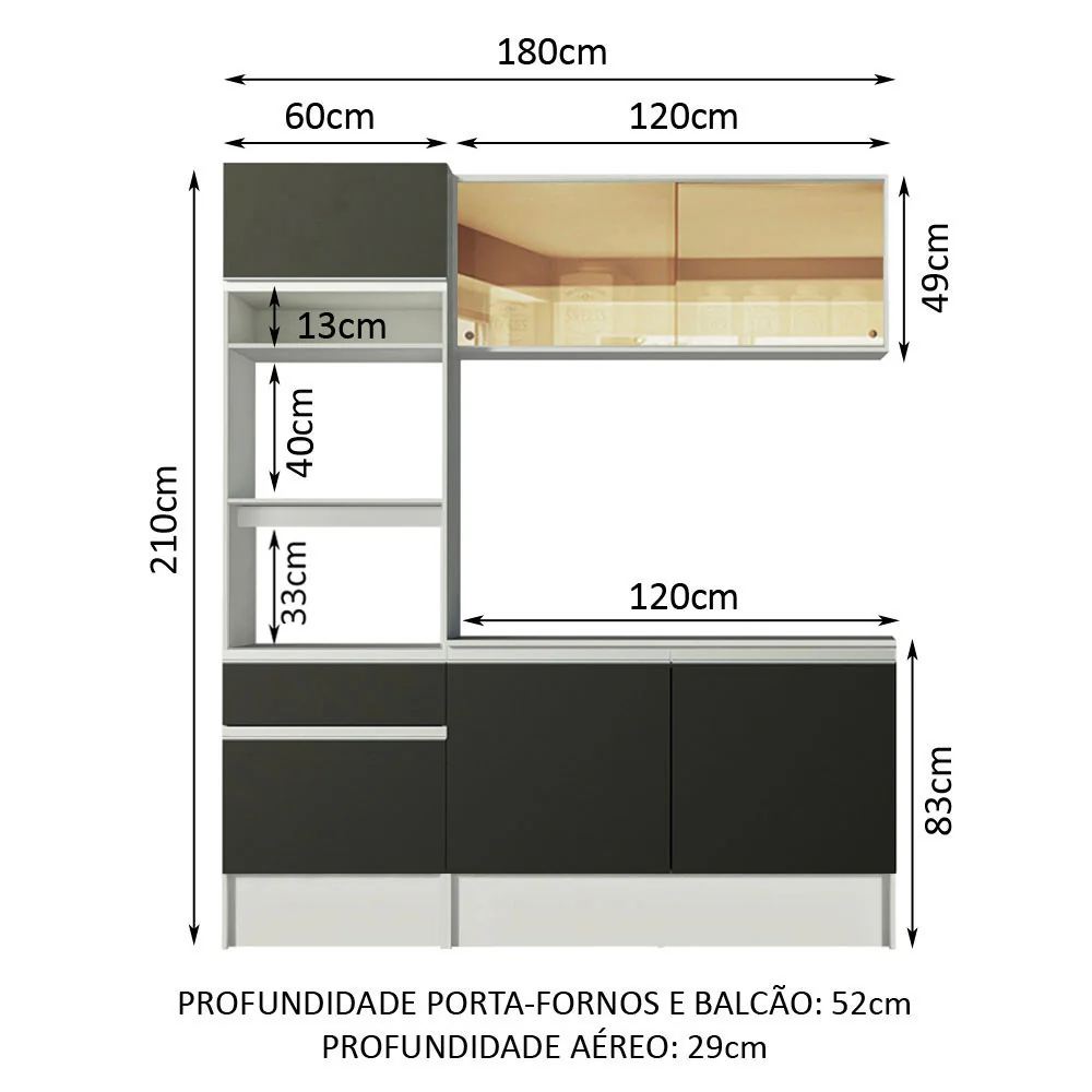 Armário de Cozinha Compacta 180cm Branco/Preto Diamante Madesa 86 - Image 3
