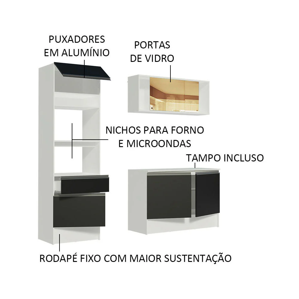 Armário de Cozinha Compacta 180cm Branco/Preto Diamante Madesa 86 - Image 4