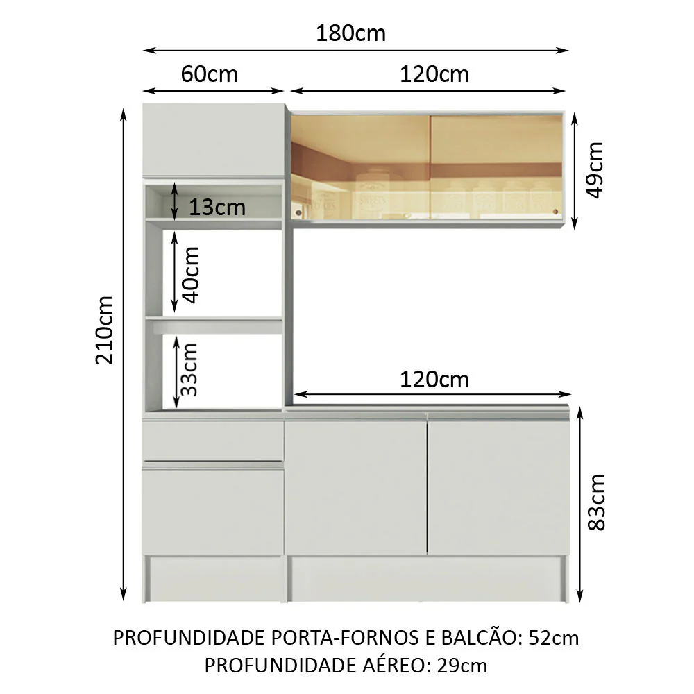 Armário de Cozinha Compacta  com Balcão e Tampo Branco Diamante Pop Madesa - Image 3