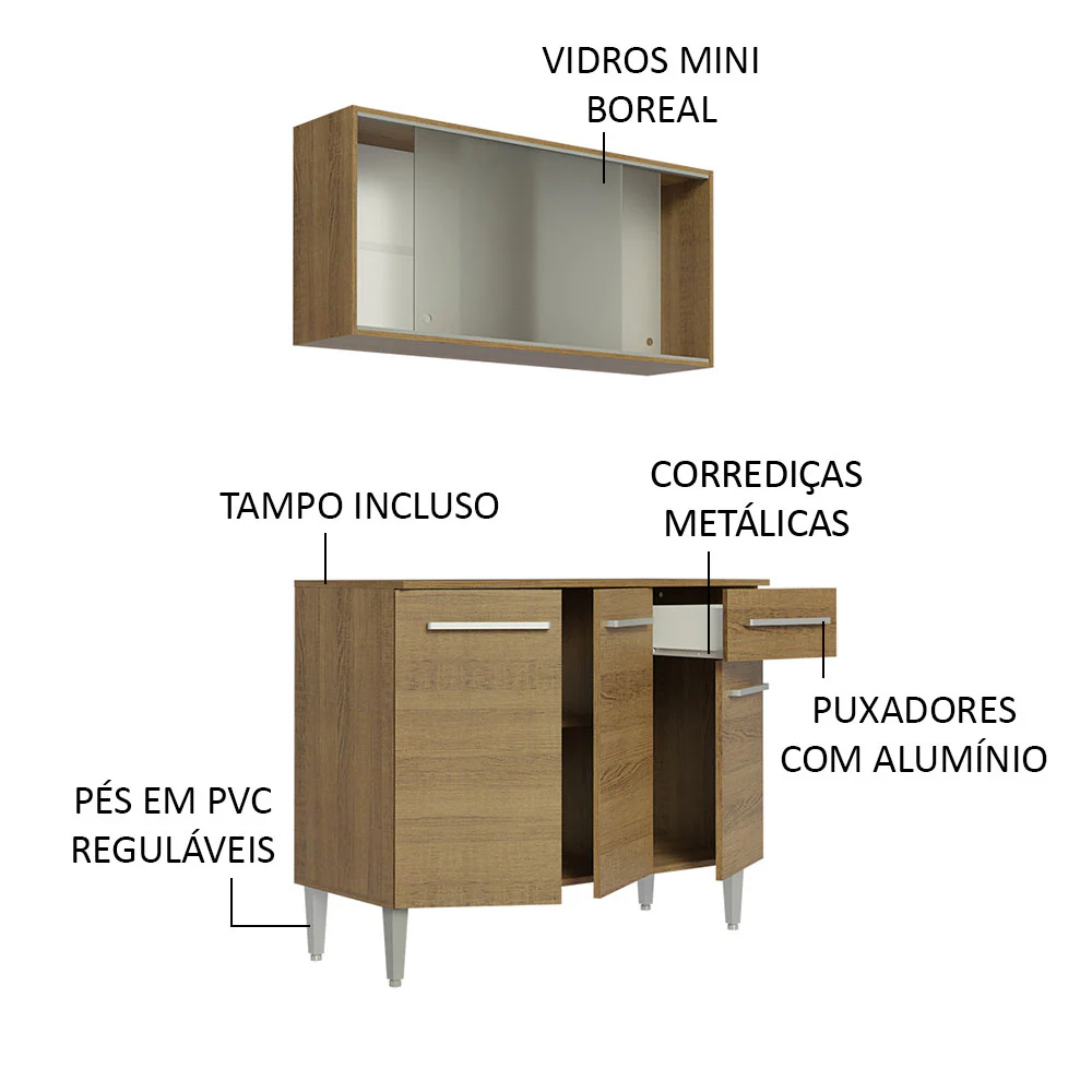 Armário de Cozinha Compacta Emilly 105cm com Armário e Balcão Rustic Emilly Madesa 01 - Image 4