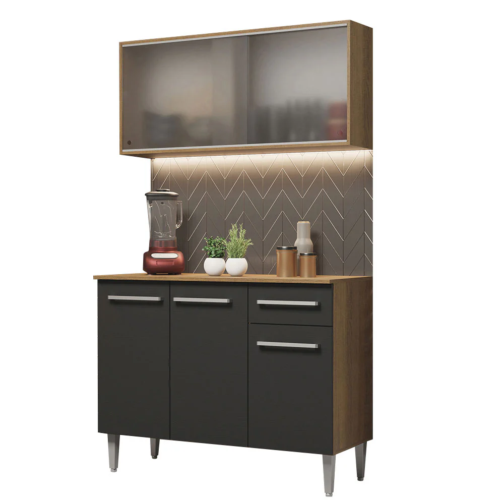 Armário de Cozinha Compacta Emilly 105cm com Armário e Balcão Rustic/Preto Emilly Madesa 01 - Image 2