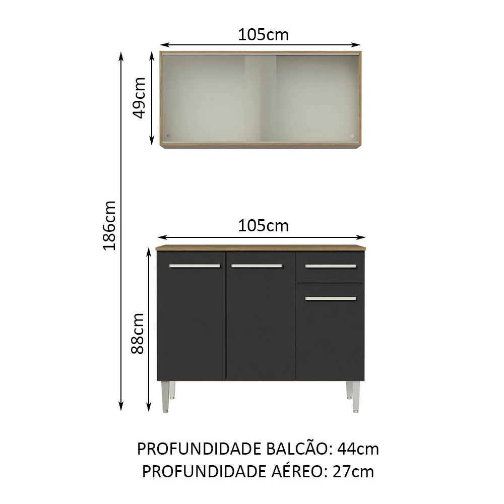 Armário de Cozinha Compacta Emilly 105cm com Armário e Balcão Rustic/Preto Emilly Madesa 01 - Image 3