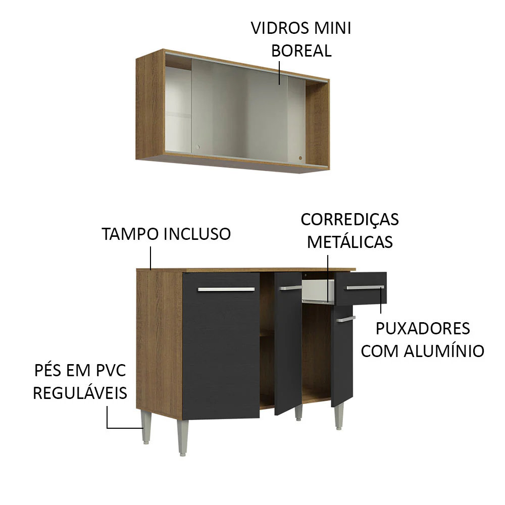 Armário de Cozinha Compacta Emilly 105cm com Armário e Balcão Rustic/Preto Emilly Madesa 01 - Image 4
