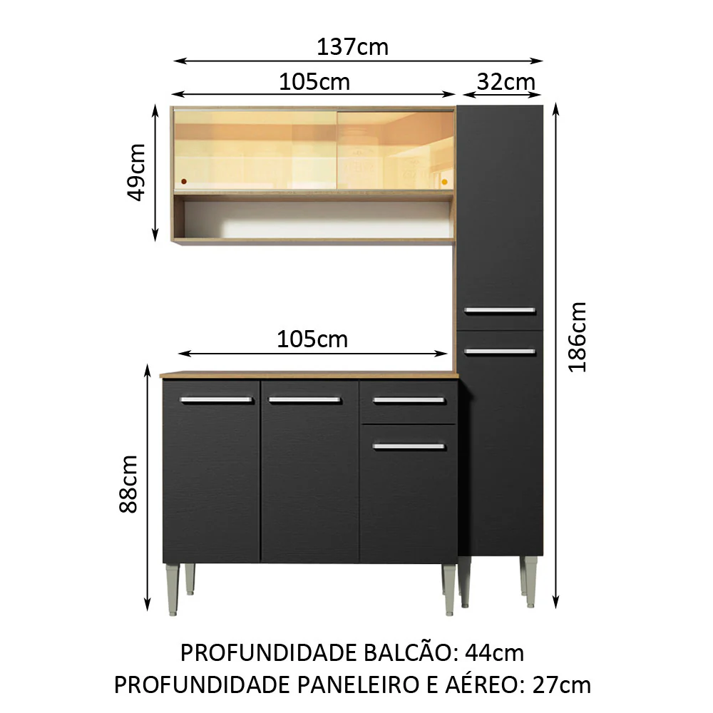 Armário de Cozinha Compacta 137cm Rustic/Preto Emilly Art Madesa 04 - Image 3