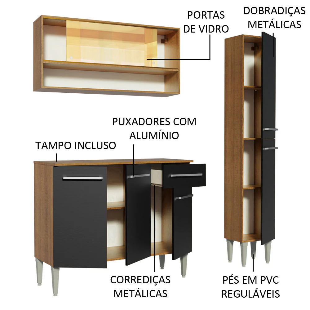 Armário de Cozinha Compacta 137cm Rustic/Preto Emilly Art Madesa 04 - Image 4
