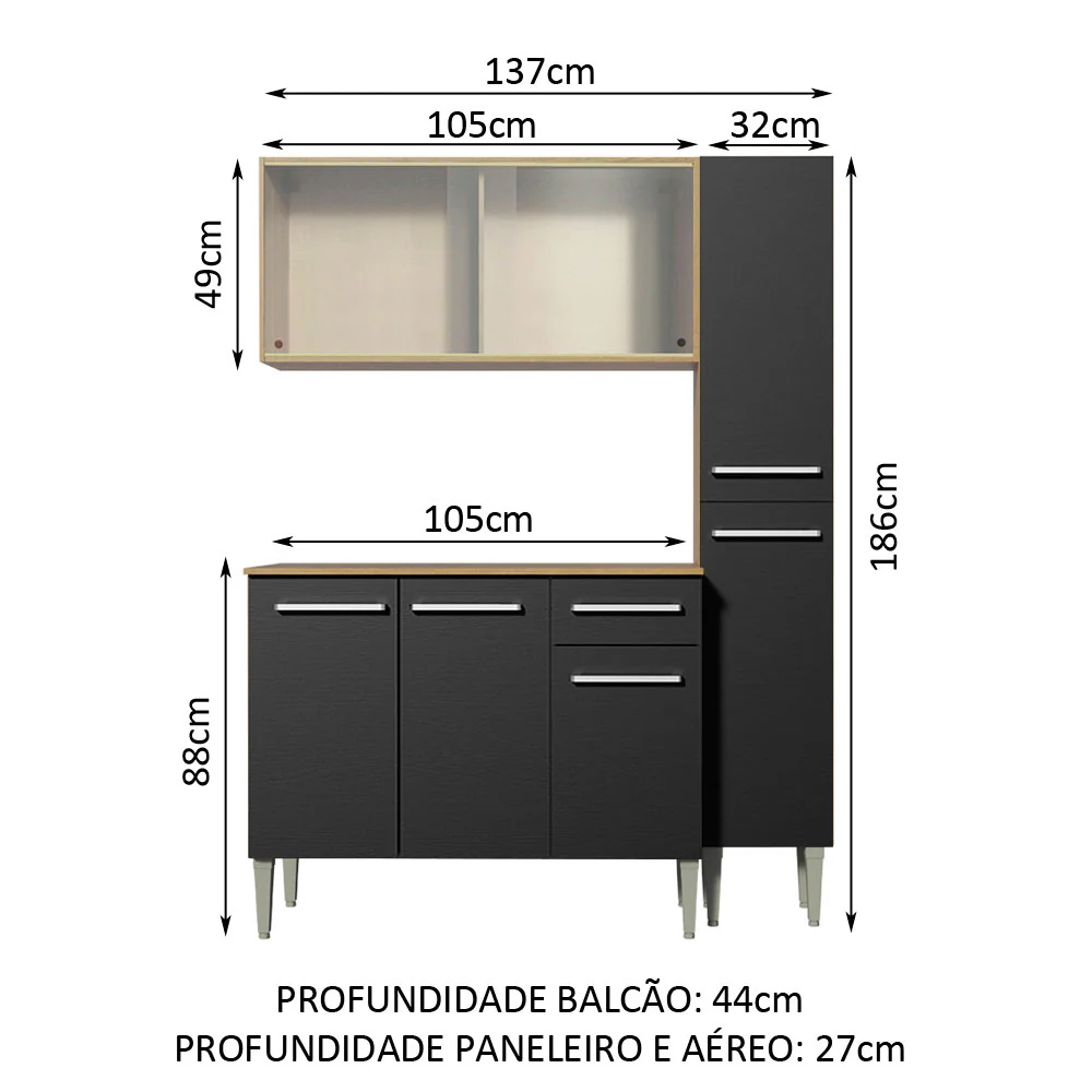 Armário de Cozinha Compacta 137cm Rustic/Preto Emilly Force Madesa 02 - Image 3