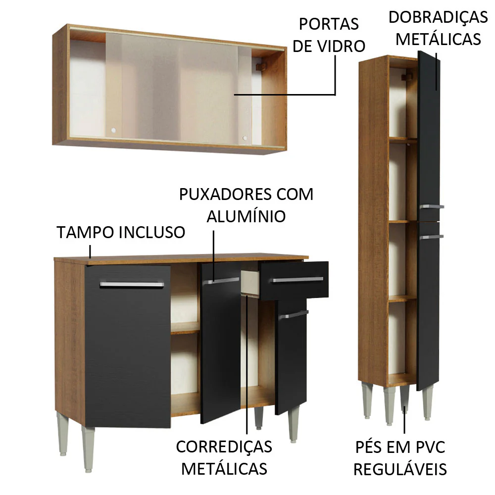 Armário de Cozinha Compacta 137cm Rustic/Preto Emilly Force Madesa 02 - Image 4