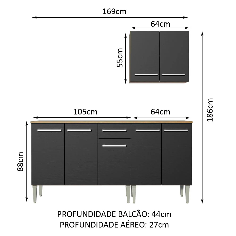 Armário de Cozinha Compacta 169cm Rustic/Preto Emilly Free Madesa 01 - Image 3