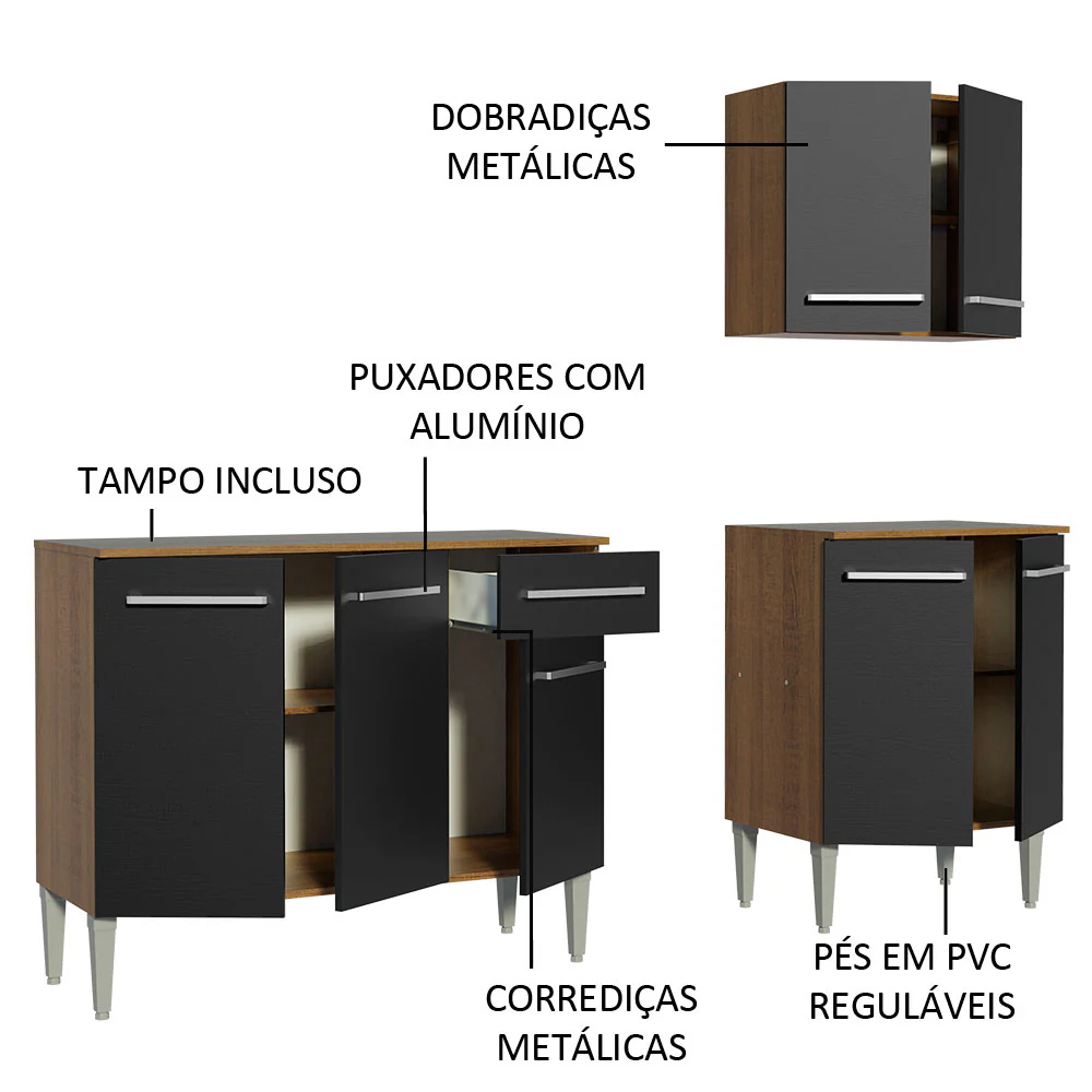 Armário de Cozinha Compacta 169cm Rustic/Preto Emilly Free Madesa 01 - Image 4