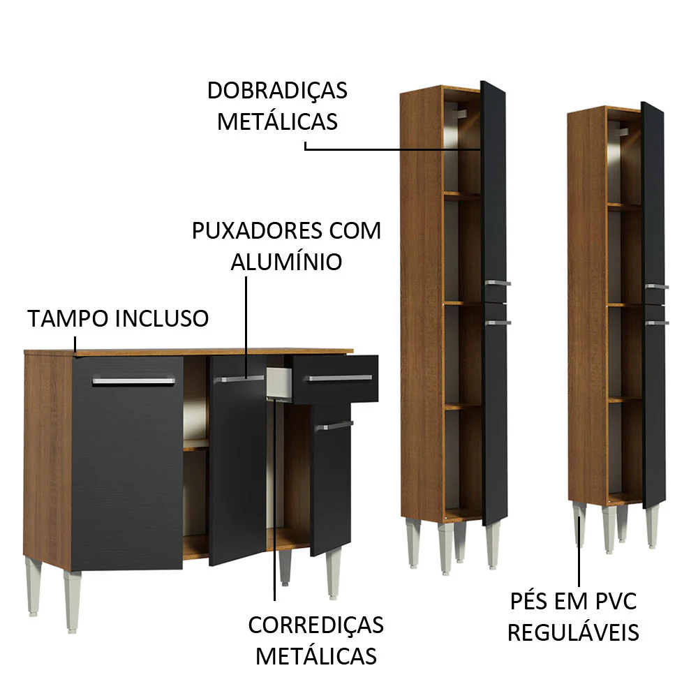 Armário de Cozinha Compacta 169cm Rustic/Preto Emilly Front Madesa 02 - Image 3