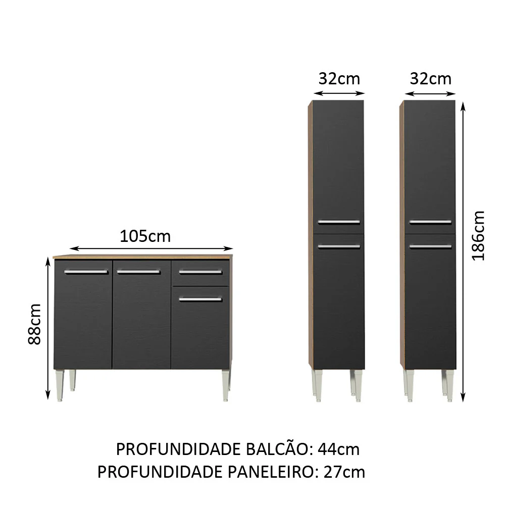 Armário de Cozinha Compacta 169cm Rustic/Preto Emilly Front Madesa 02 - Image 4